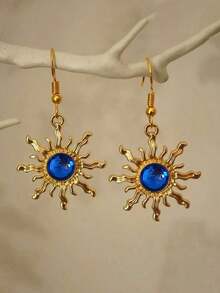 1 Pair Bohemian Style Baroque Sunflower Faux Jade Plated Dangle Earrings, Elegant & Fashionable Earring Hooks - 太陽 - 查看 7