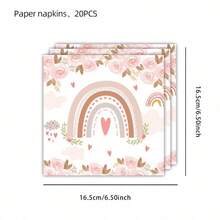 Kit de 50 piezas de vajilla desechable estilo boho chic con arcoíris pastel, platos, vasos y servilletas con hermosos estampados de rosas y corazones. Excelente opción para fiestas de cumpleaños de niñas, baby showers, despedidas de soltera y bodas bohemias, decoración y artículos esenciales perfectos para un ambiente romántico - Multicolor - Ver 15