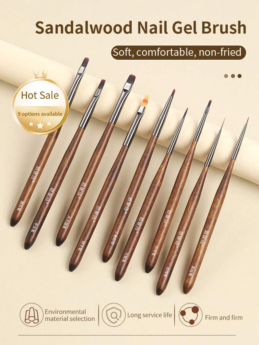 Cọ vẽ móng gel cán gỗ đàn hương | 9 kiểu dáng, mềm mại và không bị xơ, lý tưởng cho vẽ đường viền, chi tiết và nghệ thuật ombre, dụng cụ làm móng bền lâu (1/bộ 9 món) - Nhiều màu - Xem 1
