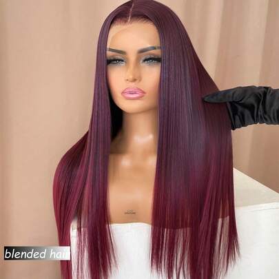8-36 Inch Straight Lace Front Wigs Human Blended Hair 180% Density 13x4 HD Lace Front Wigs For Women Pre Plucked With Baby Hair Transparent Brazilian Straight Lace Frontal Wigs 99J Burgundy Color