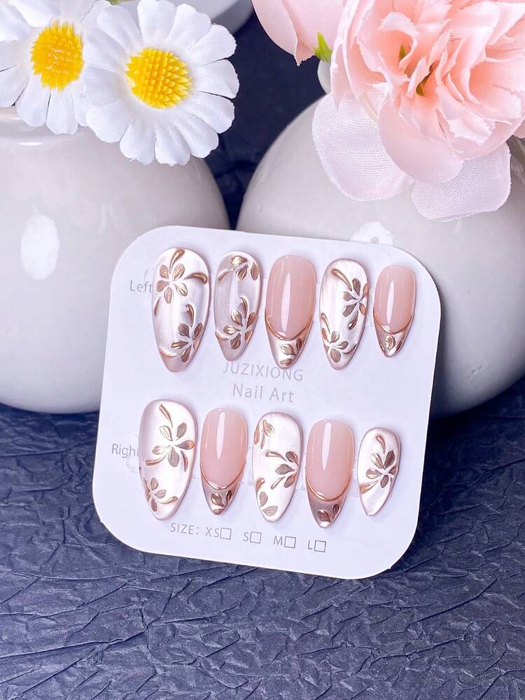 Bộ 10 miếng dán móng tay thủ công, móng giả, móng mùa hè, móng ngắn, miếng dán móng acrylic, bộ dán móng, phong cách Y2K, móng màu nude, móng vàng hồng, hình dán mắt mèo lấp lánh, họa tiết hoa vàng hồng vẽ tay và đầu móng kiểu Pháp màu vàng kim loại. Phong cách sang trọng, thanh lịch, phù hợp cho phụ nữ và các cô gái sử dụng trong đám cưới, tiệc tùng và hẹn hò. - Rượu sâm banh - Xem 3