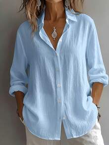 Women's Elegant Resort Style V-Neck Top, Loose And Relaxed Linen Blend Shirt, Suitable For Commuting, Casual, And Artistic Styles, Slimming And Flattering, Everyday Chic, Loose-Fitting, Draping, Breathable, Comfortable, And Relaxed Style. - Màu xanh lam - Xem 11