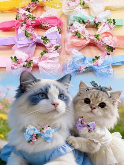 4 piezas Edición limitada de primavera Pajaritas de encaje bordado floral para mascotas, collar decorativo ajustable para gatos y perros pequeños/medianos, adecuado para bodas, cumpleaños, fiestas temáticas, elegante y cómodo