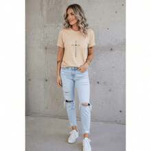 Women's Comfortable Cotton T-Shirt With Delicate Heart Cross Design - Beige - View 3