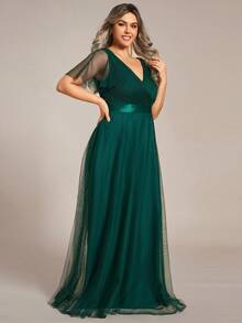 EVERPRETTY Plus Size Women Mesh Ruched Bodice High Waist Bridesmaid Dress Wedding Party - Dark Green - View 5