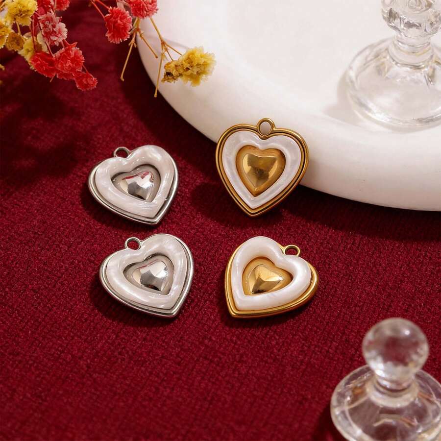1 chiếc mặt dây chuyền hình trái tim đôi bằng thép không gỉ 304, phụ kiện trang sức hình trái tim hai màu để tự làm khuyên tai, vòng cổ, vòng tay. - mặt dây chuyền - Xem 1