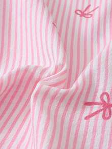 [Elegant Fields]2pcs Comfortable Blue Striped Heart Collar Button Short Sleeve Top With Pocket And Bow Shorts Pajama Set Women, Suitable Home Wear, Spring/Summer - 藍色 - 查看 3