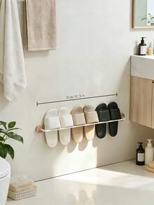 1pc No-Drill Wall-Mounted Slippers Rack, Natural Wood & Metal Bathroom Slippers Storage Rack, Space-Saving Shoe Organizer - Multicolor - View 14