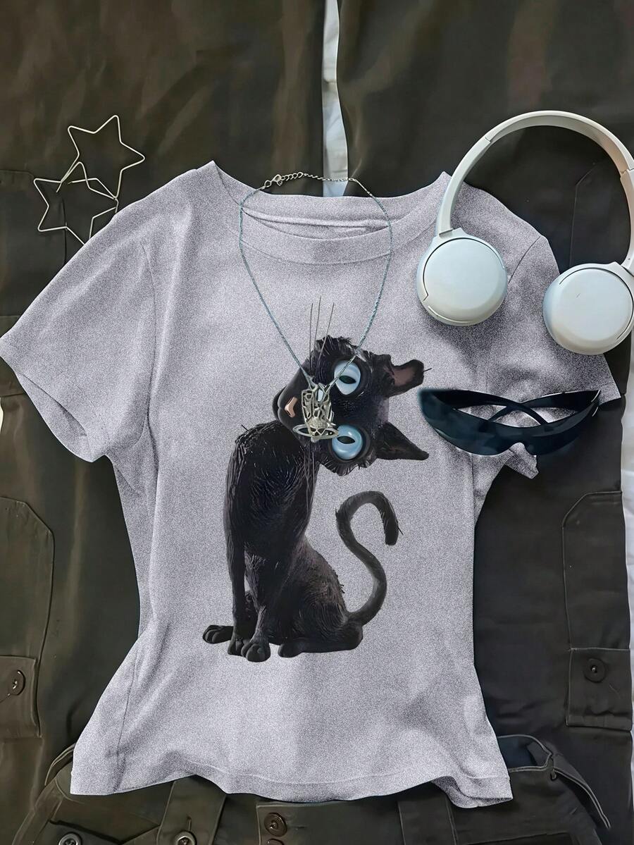 Women's Caroline Theme Printed T-Shirt - Blue Eye Cat Pattern Top, Regular Fit, Machine Washable, All Season Fabric Casual Summer - Light Grey - View 1
