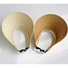 1顶可折叠时尚草编遮阳帽，女士宽檐帽，夏季沙滩防紫外线帽，敞口设计，防紫外线草帽，沙滩度假遮阳帽 - 可折疊空頂帽 - 查看 7