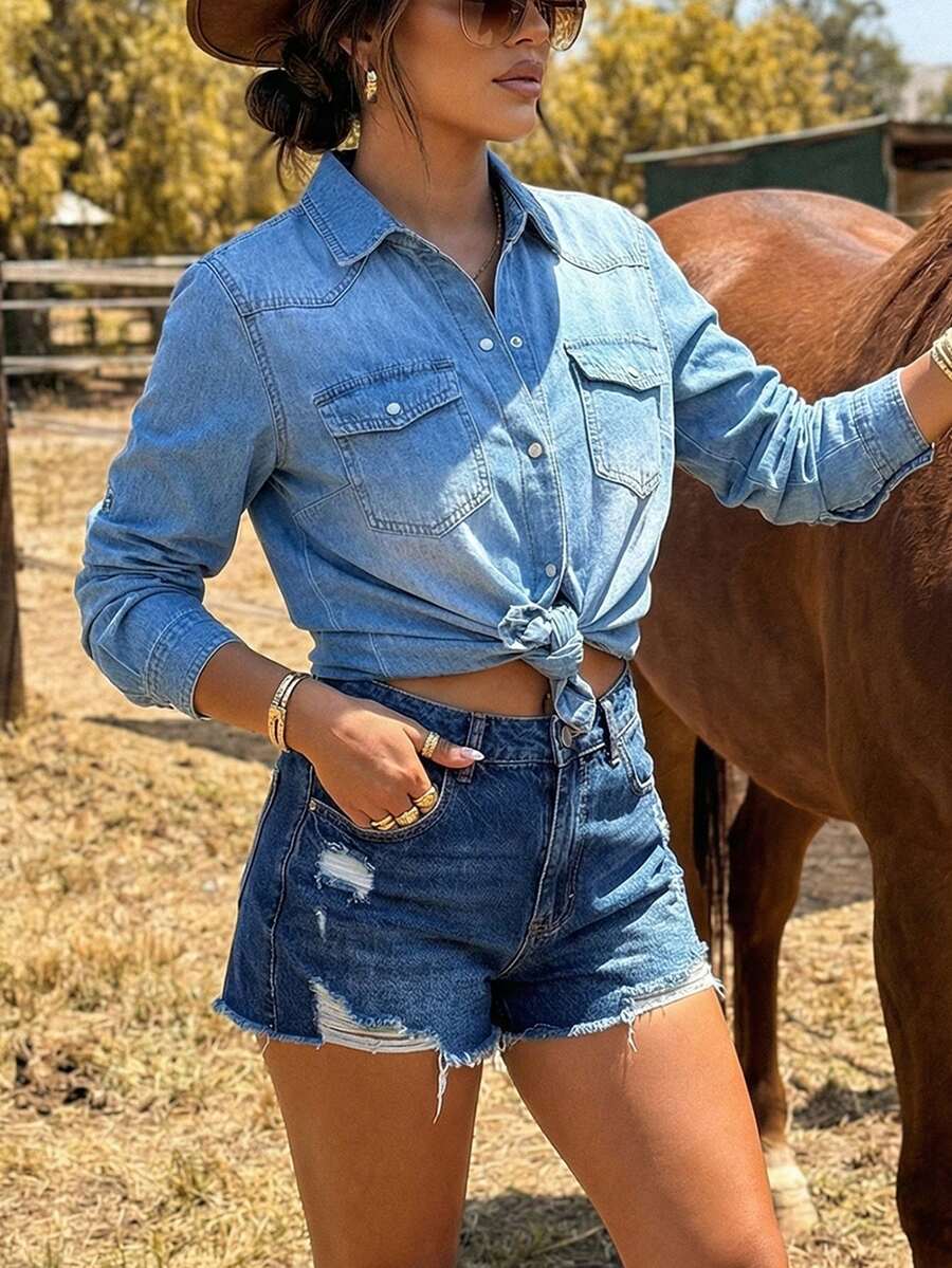 Women's Casual Vacation Style Long Sleeve Denim Shirt - Light Wash - View 1
