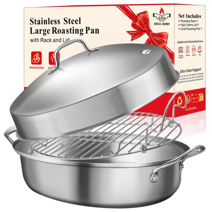 Roasting Pan, Turkey Roasting Pan With Rack And Lid For Chicken In Kitchen Thanksgiving Christmas, Gifts For Women Mother Wife Men, 21" - 銀色 - 查看 1
