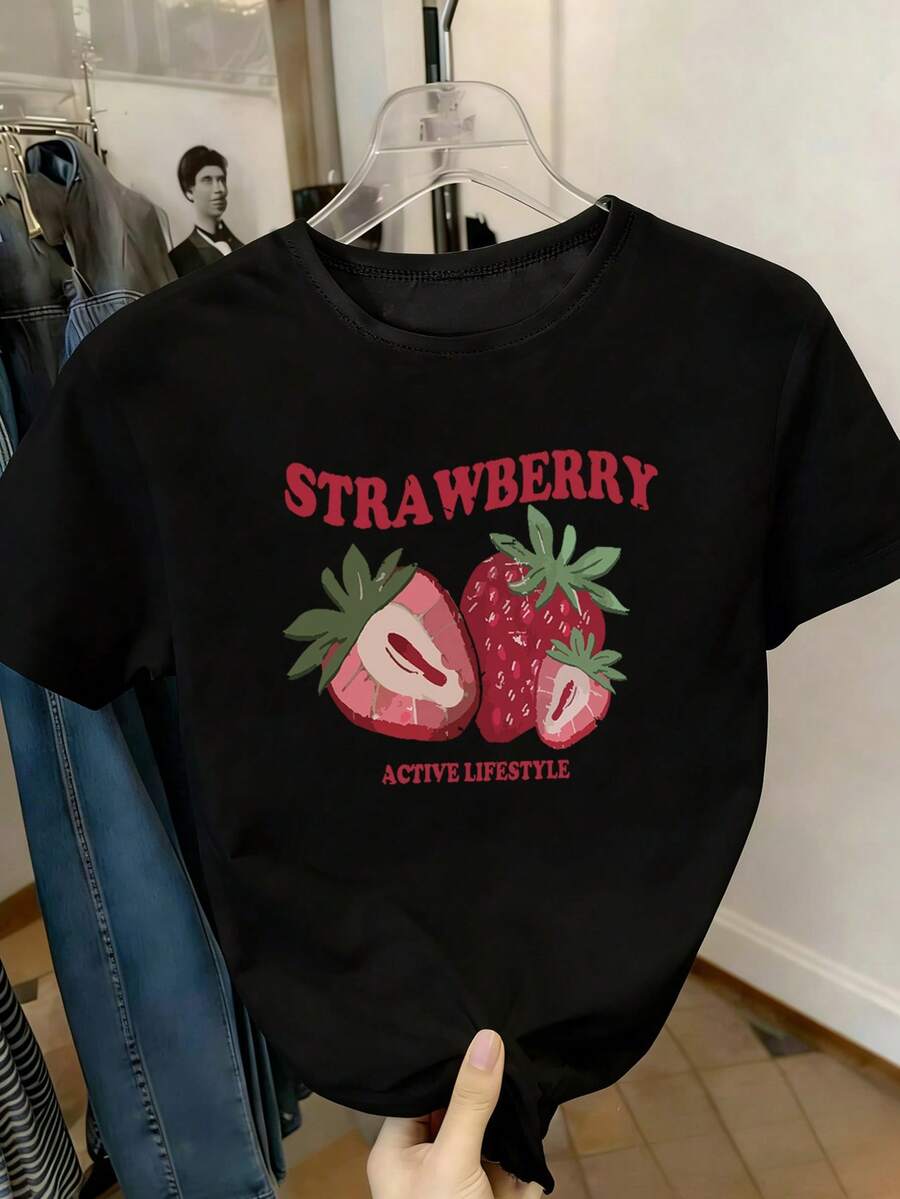 Tween Girls' Casual Apricot Colored Graphic Print Round Neck Short Sleeve T-Shirt, Summer Top - Black - View 1
