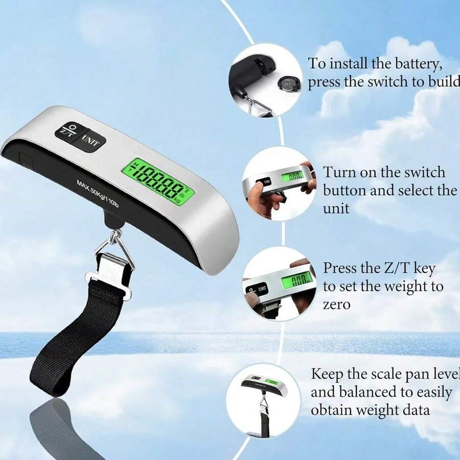 Báscula digital de equipaje y pesca de 50 kg; báscula portátil de mano con pantalla LCD retroiluminada y 4 opciones de unidad; diseño antideslizante; adecuada para maletas, mochilas y paquetes - Multicolor - Ver 1