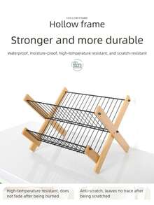 1pc Foldable 2-Tier Bamboo Dish Drying Rack, Natural Wood And Black Metal Wire Plate Holder, Collapsible Kitchen Counter Dish Drainer Rack, Space-Saving Sturdy For Small Kitchen And Apartment - Silver - View 9