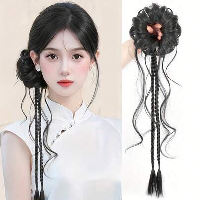 's Traditional Chinese Hanfu Wig - Ancient Style Side-Tied Dragon Beard Bun With Twisted Braid & Curly Wave Ponytail, Cheongsam Costume Hairpiece For, Chinese New Year, Cultural Events (Adjustable Headband Included)