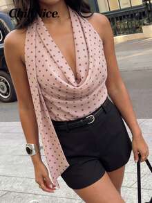 Women Elegant Pink Polka Dot Halter Neck Blouse With Cowl Neck And Backless Design, Sleeveless Chiffon Top For Summer Office Work, Business Casual And Date Night - Pink - View 6