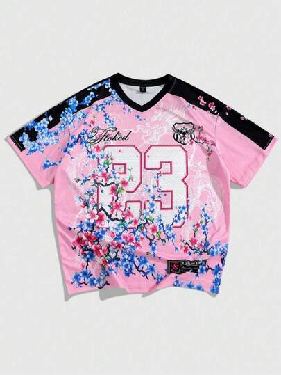 Men's American Street Style Contrast Color Dragon & Plum Blossom 23# Sports Jersey, Streetwear T-Shirt