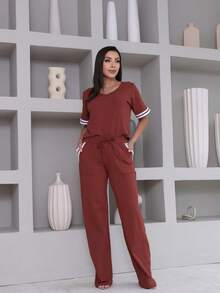 Women's Striped Set - Pants And Top In Lightweight Fleece With White Details - Comfortable Style - Terracotta - View 6