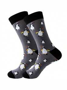1 Pair Cute Cartoon Penguin Print Socks, Comfortable Breathable Mid-Calf Socks, Personalized Funny Animal Pattern, Autumn - Multicolor - View 9
