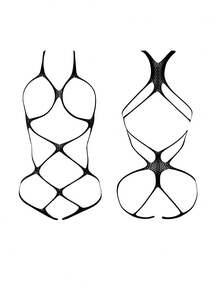 1pc Sexy Lingerie Jumpsuit, Sheer Mesh One-Piece Dress - Black - View 10