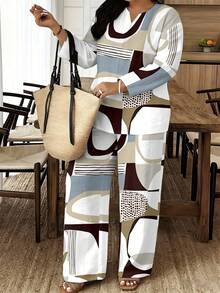 A Set Of Casual Comfortable Linen Woven Simple Abstract Curve Geometric Texture Women's Daily Commute & Home Leisure Summer Daily Gift Orange & White Abstract Curve Geometric Pattern Women's V-Neck Long Sleeve Pants Two-Piece Set - 彩色 - 查看 2