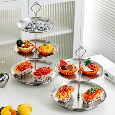 Silver 3 Tier Dessert Stand With Decorative Handle, Detachable Metal Cupcake Tower & Serving Dish For Appetizers, Ideal Housewarming Gift