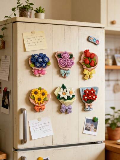 6pcs Floral Fridge Magnets: Designed With Real Flower Bouquet, With Magnetic Backing. These Acrylic Fridge Magnets Showcase Lifelike Fresh Flowers And Delicate Ribbon Decorations. Ideal For Decorating Office And Bedroom, Perfect Gift For Mother's Day, Father's Day, Easter, Thanksgiving, Housewarming And Birthday.
