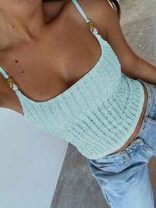 Vaiaye Women's Casual Solid Color Fitted Camisole With Shell Decor, Jacquard Texture Camisole, Suitable For Beach, St. Patrick's Day, And Commuting To Work Summer - Light Blue - View 4