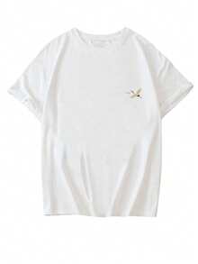 Nueva Camiseta de Verano Simple y a la Moda con Estampado de Ondas y Grúas Japonesas, Cuello Redondo, Manga Corta Blanca, Blusa Versátil y Elegante para Mujer - Blanco - Ver 4