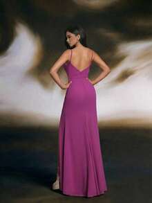 长款梭织面料伴娘礼服，裹身式设计，高开衩款式 - 紫色 - 查看 2