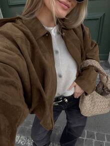 Chaqueta casual urbana de unicolor con bolsillo con cremallera delantera, chaqueta de manga larga relajada, adecuada para primavera y otoño - Bronce - Ver 4