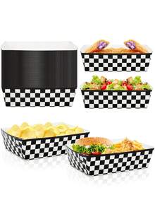 10 piezas/30 piezas/50 piezas Bandeja de comida de coche de carreras, bandejas de papel a cuadros de carreras desechables para fiestas, bandejas de servir de papel negro y blanco con temática de "Dos rápidos" para perros calientes, palomitas, picnics - Multicolor - Ver 1