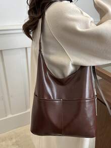 女士新款手提包，简约高端通勤腋下包，大容量斜挎单肩包 - 咖啡棕 - 查看 4