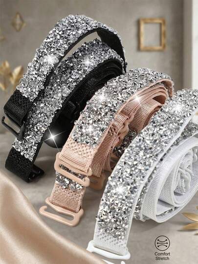 女士闪亮水晶文胸肩带延长器，弹性可调节闪亮水晶装饰文胸肩带，适合婚礼、派对、露背装、日常穿着