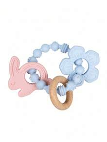 1pc Pink Flower Rabbit Textured Silicone & Wooden Teething Ring, Baby Sensory Toy, Relieve Teething Pain - Multicolor - View 8