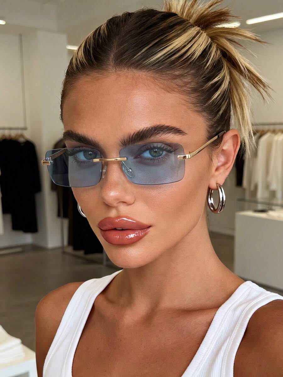 1 Pair Women's Vintage Metal Rectangular Rimless Blue Fresh Style Sunglasses, Suitable For Electronic Music Festival, Travel, Vacation, Sports Style, Driving, Holiday Outfit, Beach, Party, Outdoor Activities - Baby Blue - View 1