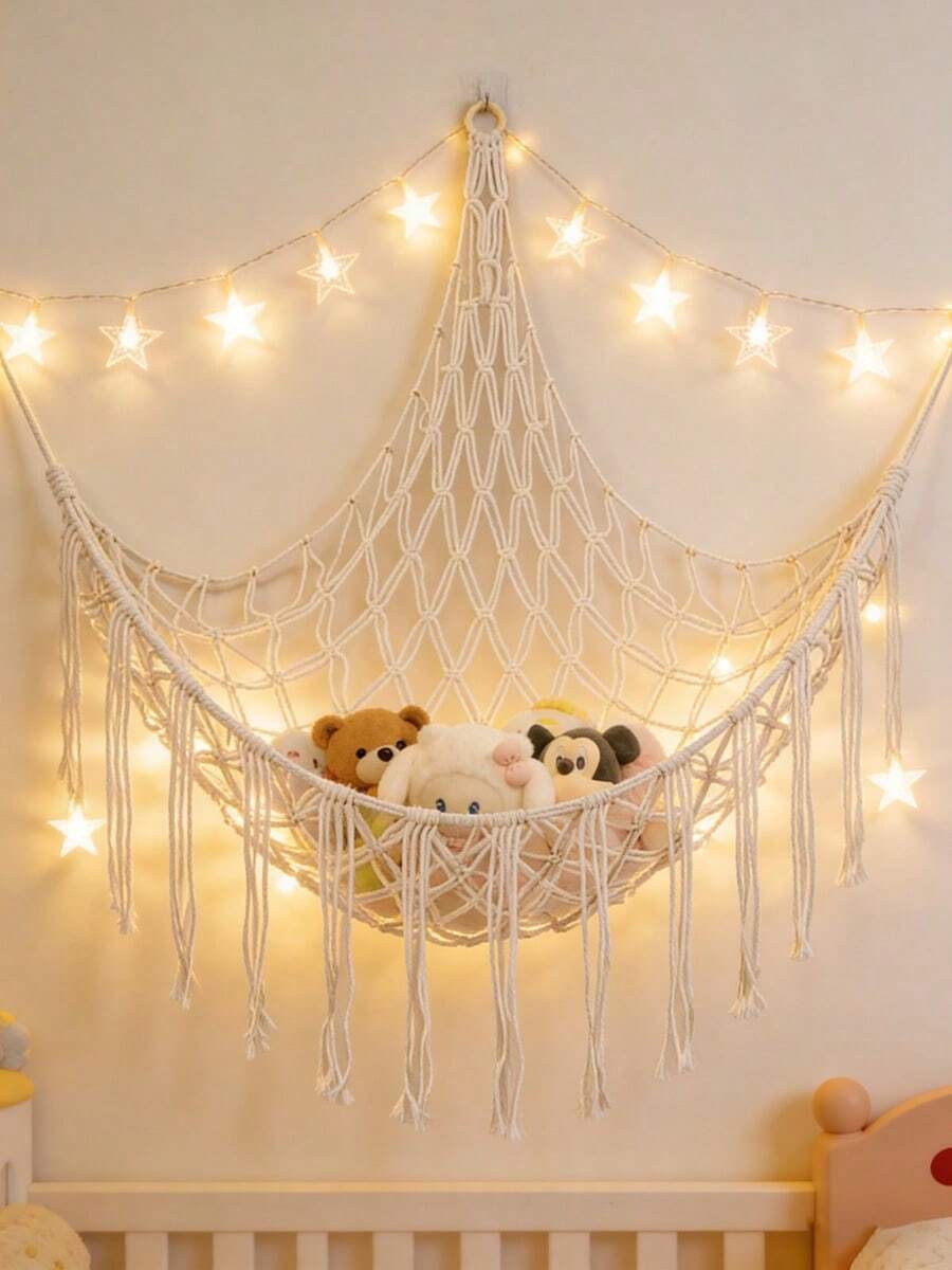 Hanging Plush Toy Storage Hammock Net, Bohemian Woven Rope Corner Organizer With Hooks, Ideal For Home & Thanksgiving Decor - Beige - View 1