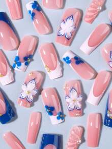 Conjunto de 24 adesivos de gel 3D para unhas, decorados com pérolas e miçangas metálicas, com ponta francesa quadrada. Encaixe perfeito. O kit de unhas postiças acrílicas inclui: 1 gel e 1 lixa de unha. Fácil de aplicar. Esses adesivos de gel 3D com estampa floral e ponta francesa são ideais para o dia a dia, festas e outras ocasiões. - Azul - Ver 4