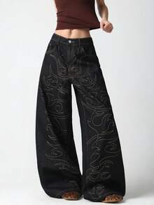 1 Stück Damen Retro Amerikanischer Street-Style bestickte Weite Jeans, locker & bequem lässig Hose für den Alltag, geeignet für alle Jahreszeiten (Gürtel/Zubehör nicht enthalten) Schwarz - Schwarz - Übersicht 5
