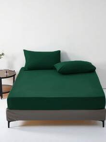 3pcs Soft & Comfortable Brushed Woven Fitted Sheet Set (1*Fitted Sheet + 2*Pillowcases), Olive Green, Suitable For Bedroom, Guest Room, All Season, Machine Washable - Dark Green - View 3