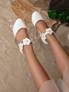 Giày búp bê mùa xuân/hè mới cho bé gái, sandal đế dày khoét lỗ cho trẻ em, giày cao gót công chúa thắt nơ cho trẻ em. - trắng - Xem 3