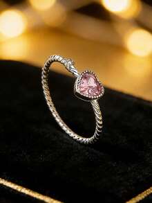 925 sterlingsilverring i hjärtformad diamant, elegant armband med pavefattning, unika feminina smycken, present till bästa vän - Rosa - Visa 3