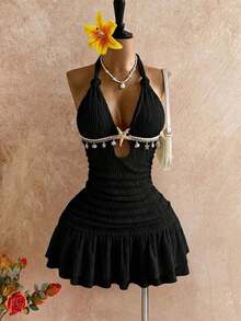 White Halter Twist Bodycon Mini Dress, Metal Accessories, Shell Decor, Beach Resort Vacation, Summer Outfit,White Dresses For Women - Black - View 12