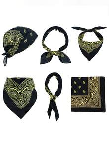 7pcs Fashion Black Paisley Print Square Scarf, Unisex Minimalist Versatile Streetwear Hip-Hop Bandana Face Mask Scarf - Multicolor - View 3