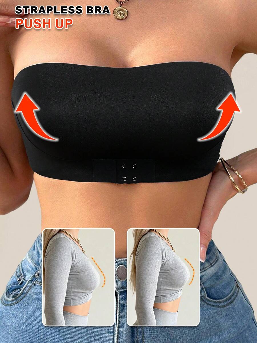 1pc Strapless Front Closure Seamless Wireless Bra, High Elasticity, Soft Fabric, Slip-Resistant, Women's Underwear - Black - View 1