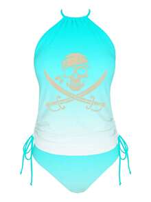 Women'S Tankini Swimwear Featuring A Pirate Skull And Crossbones Design, Perfect For Halloween And Rave Parties. This Elegant Bathing Suit Is Ideal For Beach Outings, Pool Gatherings, And Water, Showcasing A Cute Style, Durable Fabric - Light Blue - 查看 5