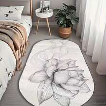 1 pieza Alfombra de área ovalada con diseño de loto en blanco y negro, alfombra decorativa lavable para la sala de estar - Multicolor H - Ver 4