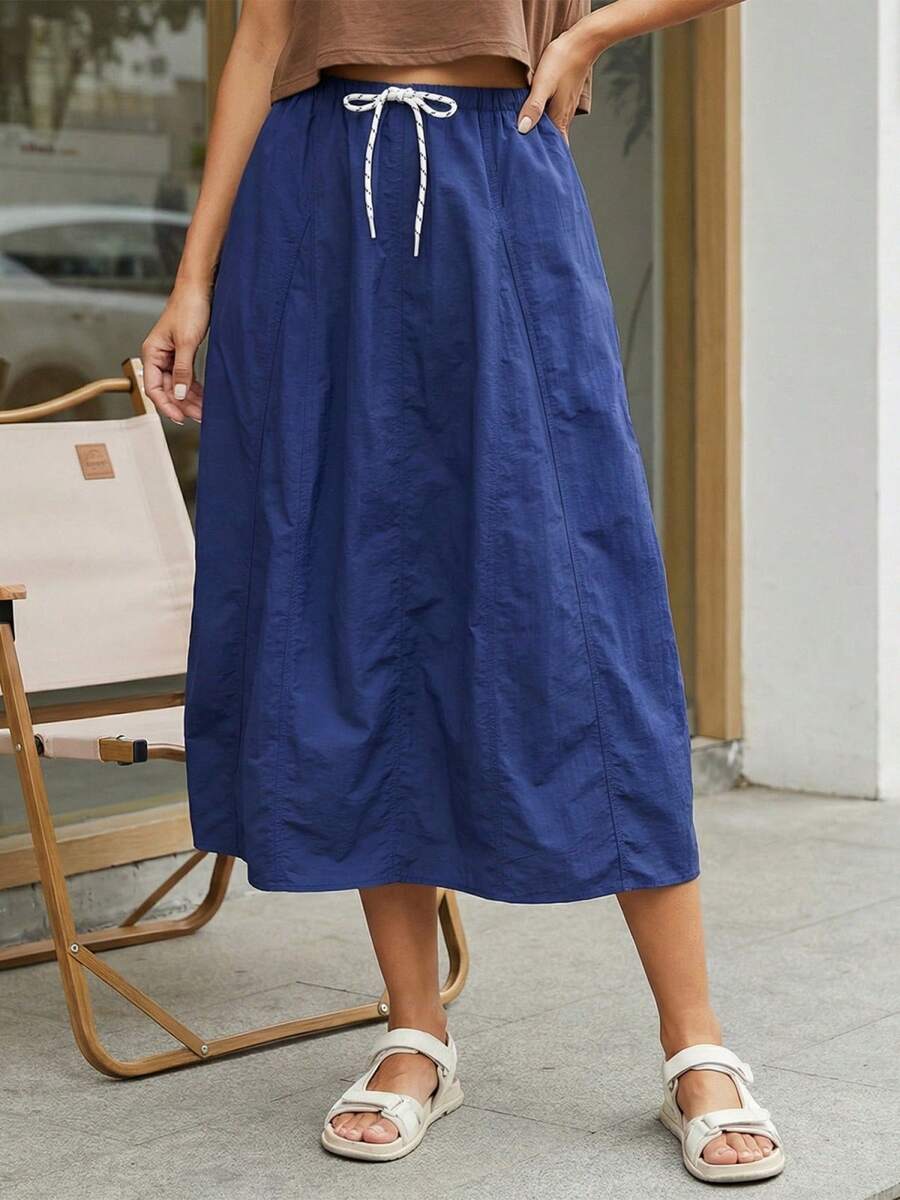 Y2K Cargo Maxi Skirt Women Drawstring Elastic Waist Solid Color Soft Breathable Long Midi Jogger Skirt Casual Going Out Party Date Vacation Beach Summer Faldas De Mujer Ropa Elegante - 藍色 - 查看 1