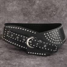 1pc Women's Black Curved Metal Buckle Fashionable Western Cowgirl Metal Waist Belt, Holiday & Valentine's Day Gift, PU Beach Accessory, Suitable For Daily Use - Black - View 1